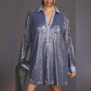 PILCRO - Long-Sleeve Sequin Mini Shirt Blue Dress. | Small